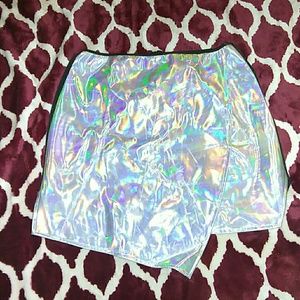 Silver holographic asymmetrical mini skirt